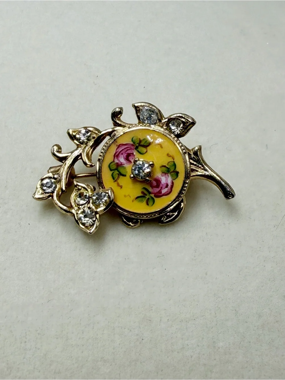 Vintage Yellow Floral Rose Cabochon Brooch Pin with Clear Rhinestones